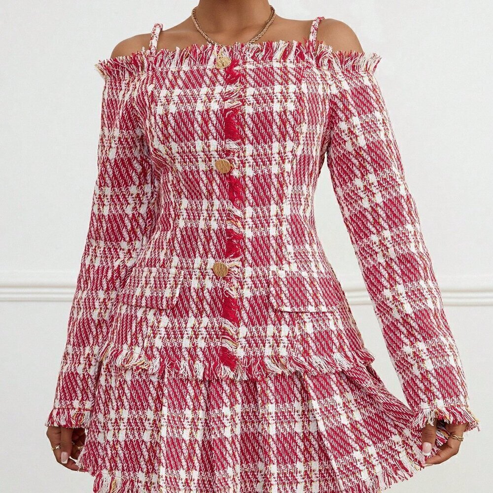 Red Elegant Women's Off-Shoulder Collar Raw Hem Detail Tweed Jacket And Skirt